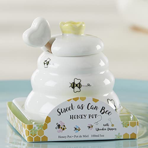 Kate Aspen Sweet as Can Bee Ceramic Mini Honey Pot with Wooden Honey Dipper White/Yellow Honey Jar for Kitchen Tea Party