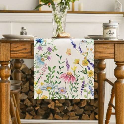 Artoid Mode Daisy Eucalyptus Lavender Floral Leaves Summer Table Runner for Home Decor 13x72 Inch