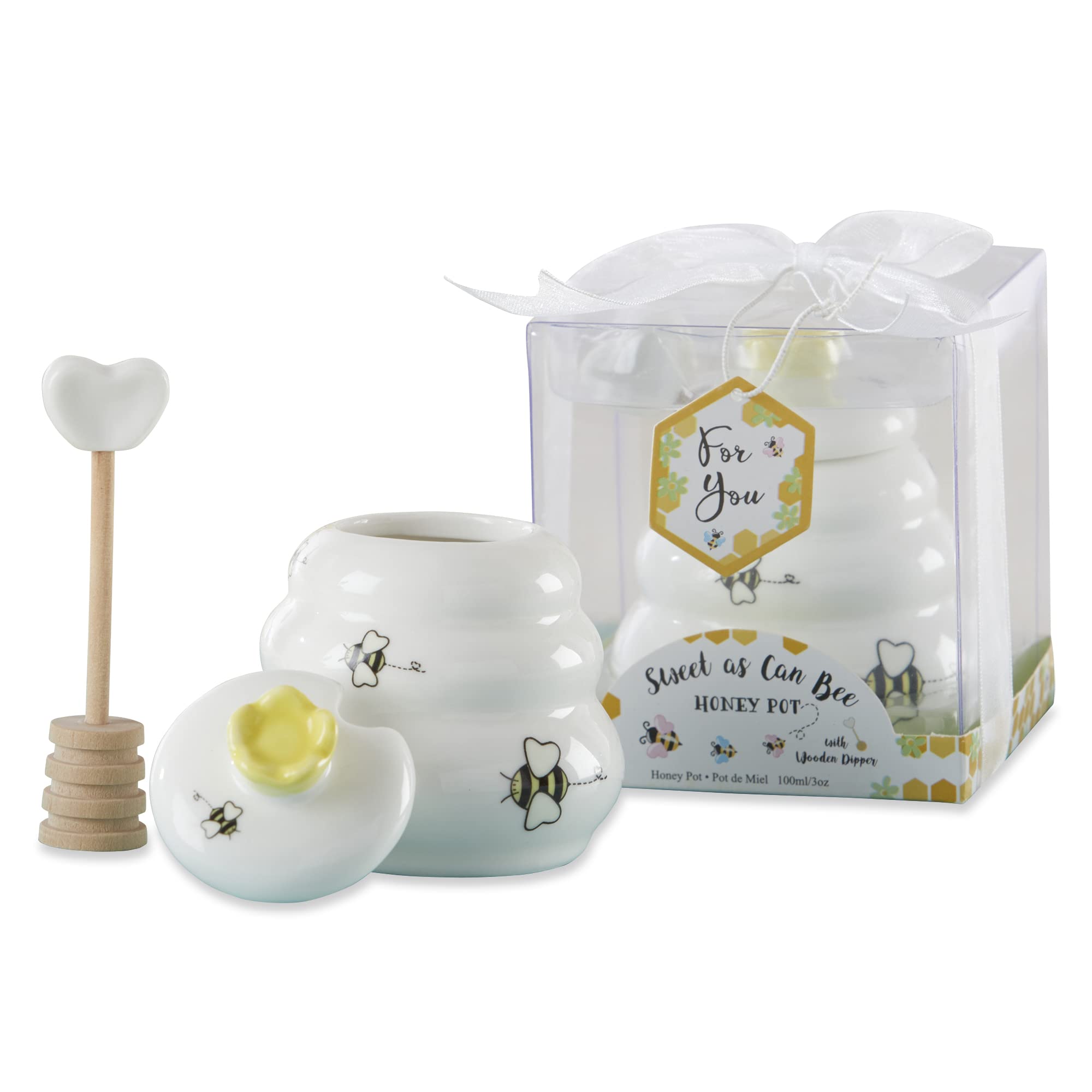 Kate Aspen Sweet as Can Bee Ceramic Mini Honey Pot with Wooden Honey Dipper White/Yellow Honey Jar for Kitchen Tea Party