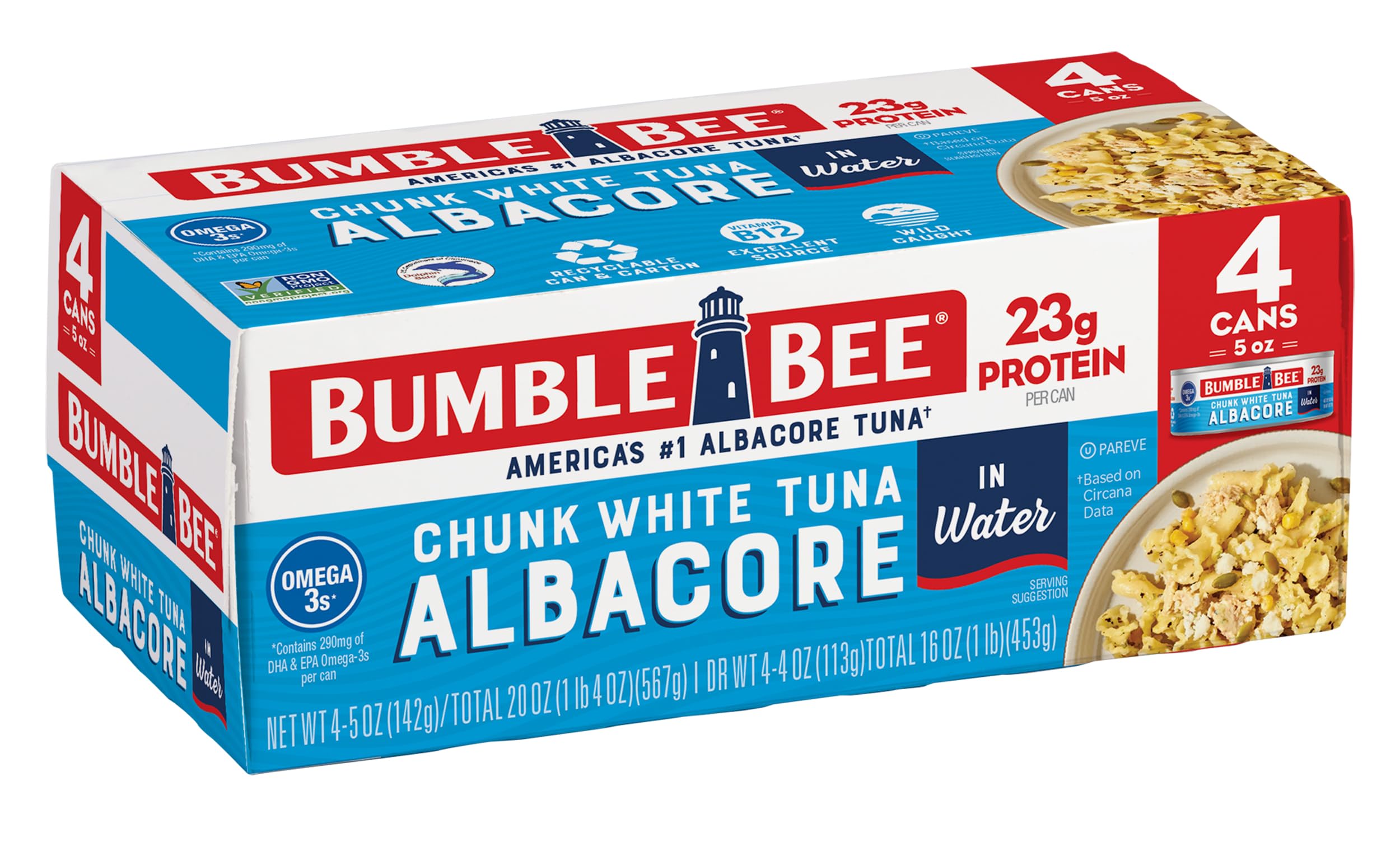 Bumble Bee Chunk White Albacore Tuna in Water 5 oz Can Pack of 4 - Wild Caught Protein Rich - High in Omega-3s Non-GMO G