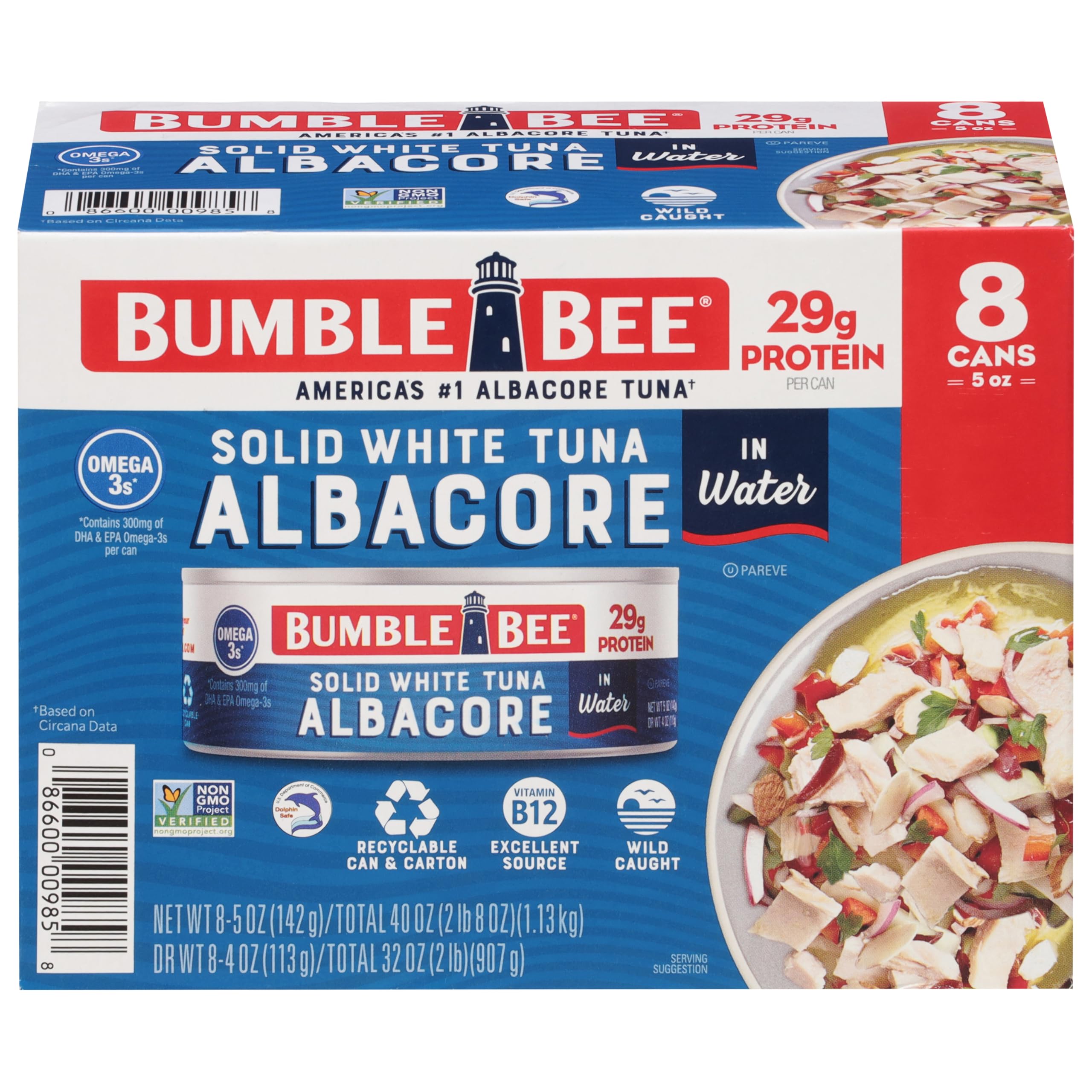  Bumble Bee Solid White Albacore Tuna in Water, Non-GMO Project Verified, High in Omega-3s, Gluten Free, Kosher
| Bumble