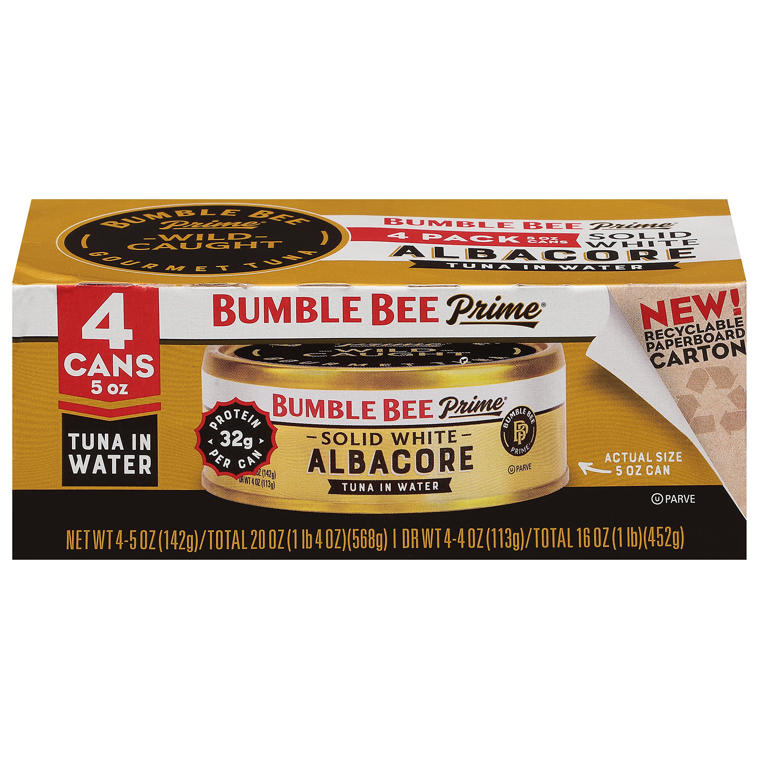 Bumble Bee Prime Solid White Albacore Tuna in Water 5 oz Cans - 32g Protein per Serving Non-GMO Project Verified Gluten 